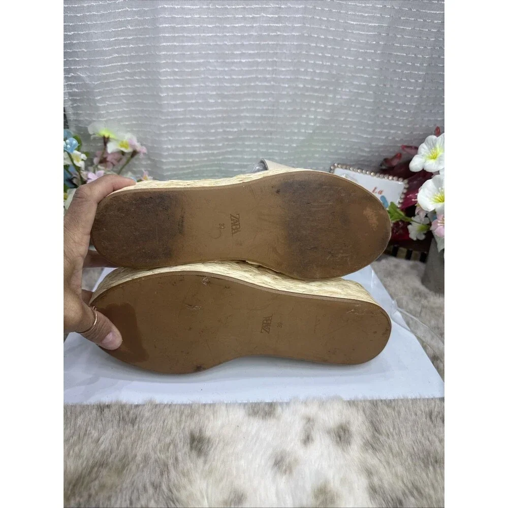 (S2)ZARA NEW CREAM Leather WOVEN BRAIDED STRAW PLATFORM SANDALS FESTIVAL Sz 39/8 - Picture 11 of 12